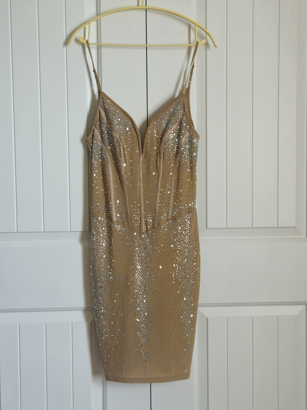Banjul Beige Rhinestone V Neck Spaghetti Strap Bodycon Mini Party Dress Size L